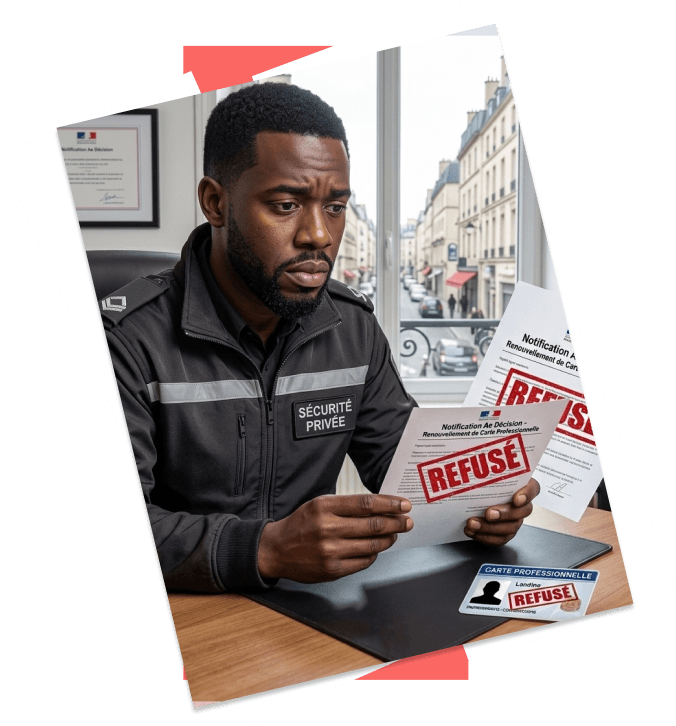 Avocat spécialisé CNAPS consultant un dossier de refus de renouvellement de carte professionnelle de sécurité dans son cabinet parisien